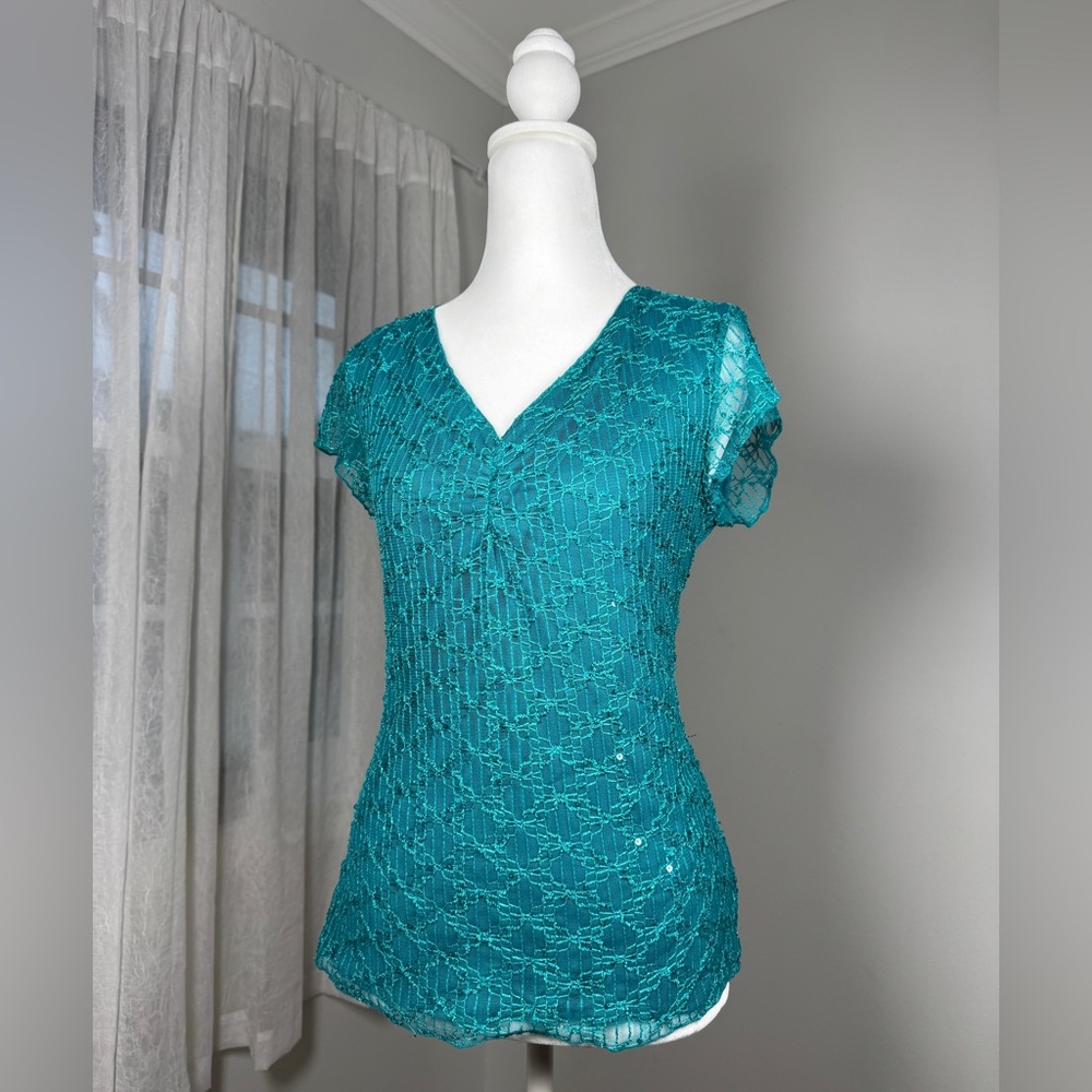 Vintage Y2K Wrapper Teal Sequined V-Neck Short Sleeve Blouse